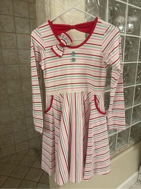 14-16 Eleanor Rose Pink, White & Green Striped Long-Sleeve Dress with Bow